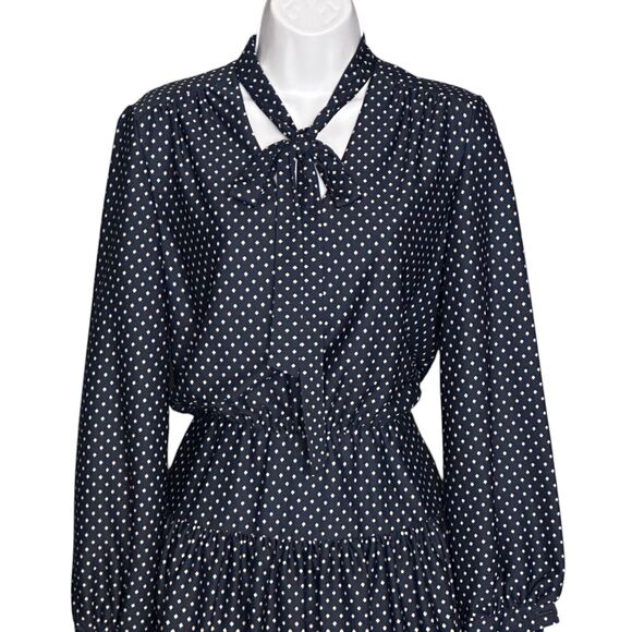 Vintage 70s R&K Knits Midi Dress Navy Blue Retro Scarf Neck Long Sleeve Sz Small - Picture 2 of 10